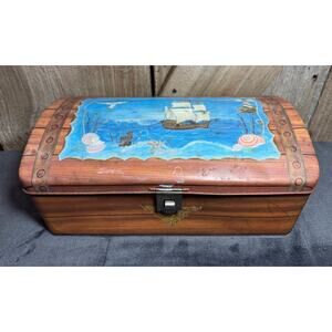 Rare Vintage Tin Litho Treasure Box Hand Painted Metal Pirate Chest Booty